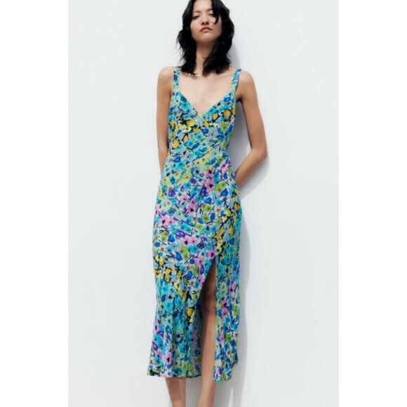 ZARA Women's Floral Print V-Neck Midi Dress Sleeveless Flowy Side Slit Blue - Picture 1 of 9